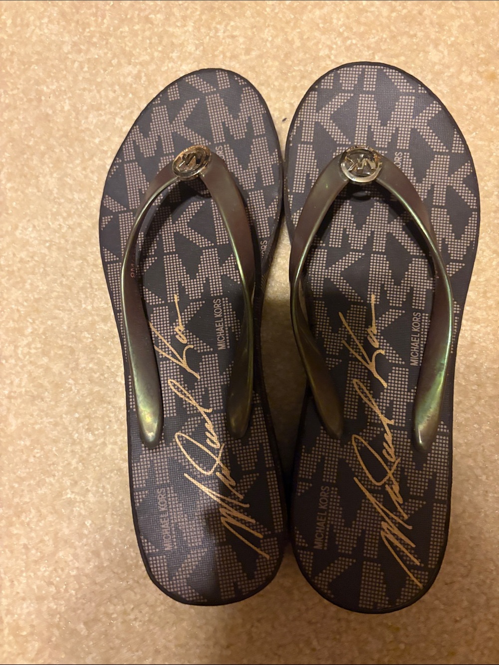 Michael Kors Brown MK Logo Flip Flop Sandals with Gold Emblem